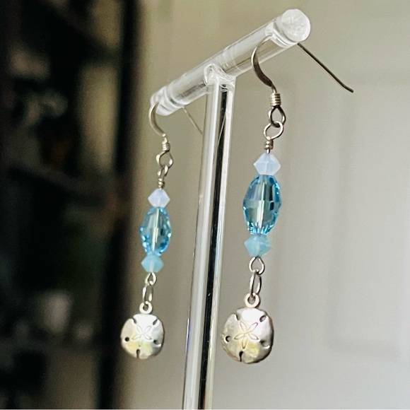 Sterling Silver Sand Dollar Blue Crystal Drop Dangle Earrings - Picture 8 of 8